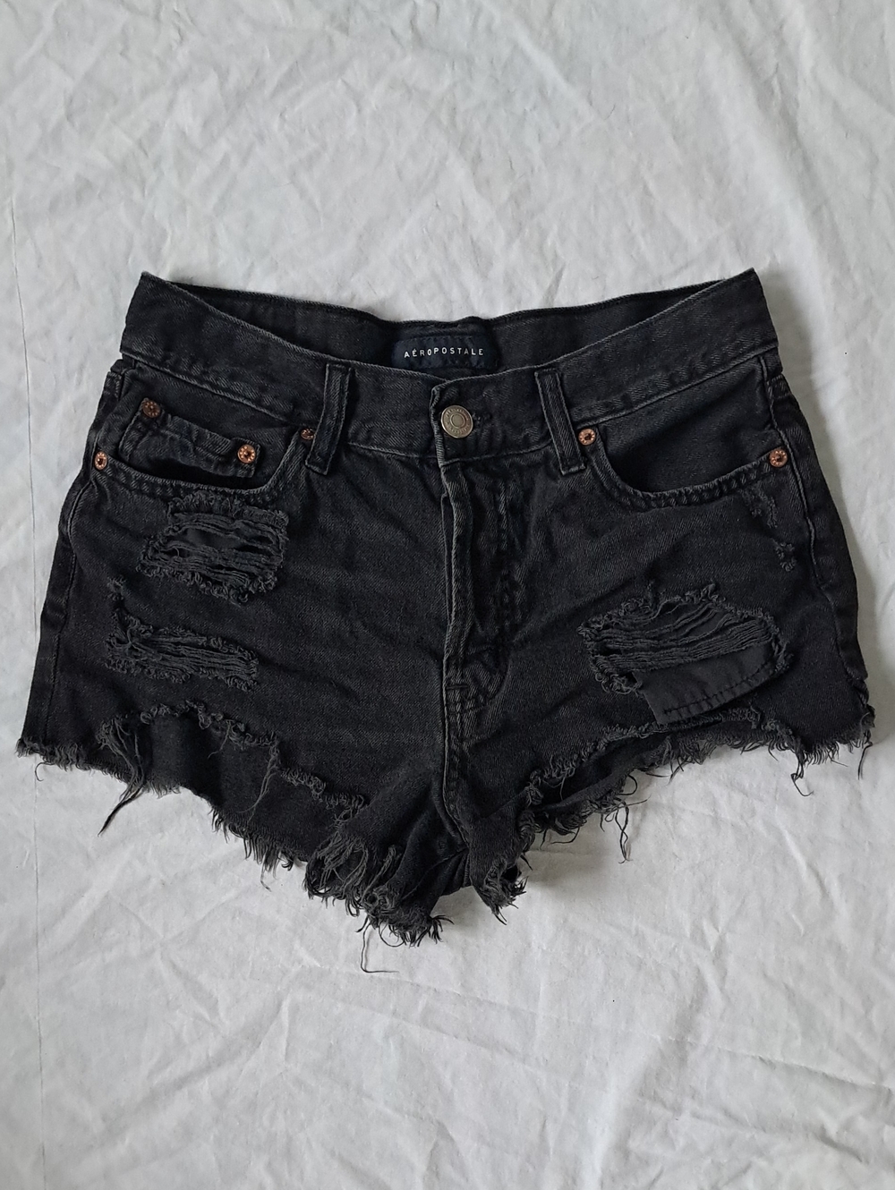 Aeropostale Black Denim Boyfriend Jean Shorts Cutoff Distressed Thrashed Rip 2
